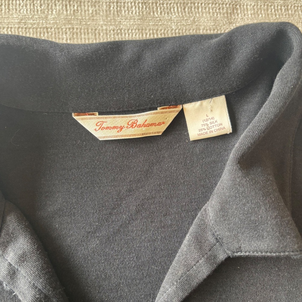 Tommy Bahama Womens Silk Cotton Blend Polo Shirt Black Short Sleeve Large 12/14 - Picture 3 of 8
